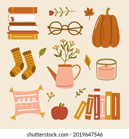 Hand drawn cute hygge autumn home cozy elements Scandinavian style book socks pillow candle leaves flower apple eyeglasses pumpkins fall season illustration