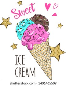Hand drawn cute ice cream couple illustration with text “Sweet Ice cream". Vector illustration.