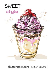 Hand drawn cute ice cream with cherries. Sweet dessert. Sketch. Vector illustration.