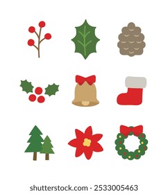 Desenhado à mão ilustração ícone bonito definido em dezembro inverno estação Natal conceito. Coroa, flor, pinecone, folhas, berrie, sino, bota, árvore, poinsettia, azevinho.