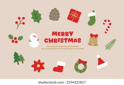 Hand drawn cute icon illustration set in December winter season Christmas concept. flower, pinecone, leave, tree, poinsettia, gift, branch, sock, snowman. The typography reads 'Merry Christmas'.