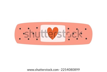 Hand drawn cute illustration of adhesive plaster with heart. Flat vector transfusion and blood donation concept in colored doodle style. Donor, medicine icon or print. Isolated on white background.