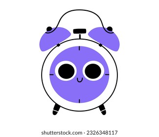 Hand drawn cute illustration of alarm clock character. Flat vector morning wake up in colored doodle style. Education or study mascot sticker, icon. Back to school. Isolated on white background.