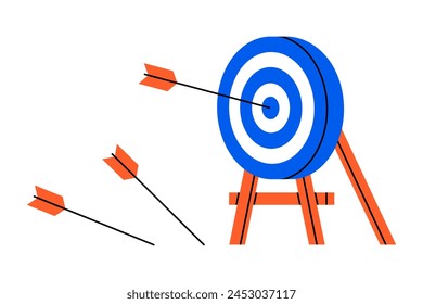 Hand drawn cute illustration of arrow hit center of target. Flat vector hit the bull's eye in doodle. Successful strategy icon. Goal achievement. Find problem solution. Unsuccessful attempts. Isolated