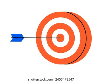 Hand drawn cute illustration of arrow hit center of target. Flat vector hit the bull's eye in doodle style. Successful business strategy icon. Goal achievement. Find problem solution. Isolated.