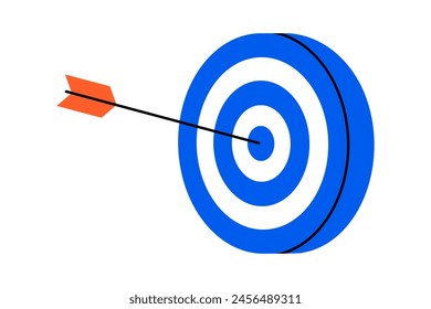 Hand drawn cute illustration of arrow hit center of target. Flat vector hit the bull's eye in doodle. Successful strategy icon. Goal achievement. Find problem solution. Unsuccessful attempts. Isolated