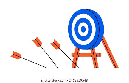 Hand drawn cute illustration of arrow miss target. Flat vector failure shot doodle. Wrong strategy icon. Unsuccessful attempt. Find problem solution. Lost opportunity. Lose in competition. Isolated.