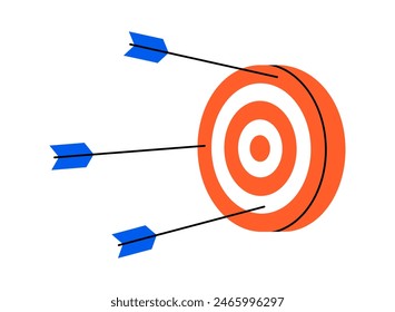 Hand drawn cute illustration of arrow miss center of target. Flat vector doodle failure shot. Wrong strategy icon. Unsuccessful attempt. Finding solution. Lost opportunity. Lose competition. Isolated.