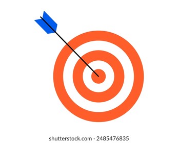 Hand drawn cute illustration of arrow hit center of target. Flat vector hit the bull's eye in doodle style. Successful business strategy icon. Goal achievement. Progress on work. Isolated.