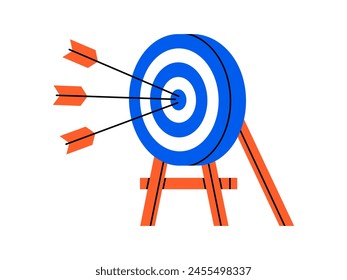 Hand drawn cute illustration of arrows hit center of target. Flat vector hit the bull's eye in doodle style. Successful business strategy icon. Goal achievement. Find problem solution. Isolated.