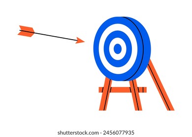 Hand drawn cute illustration of arrows flies to center of target. Flat vector hit the bull's eye in doodle style. Successful business strategy icon. Goal achievement. Find problem solution. Isolated.