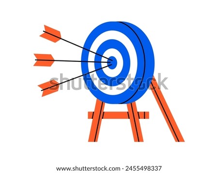Hand drawn cute illustration of arrows hit center of target. Flat vector hit the bull's eye in doodle style. Successful business strategy icon. Goal achievement. Find problem solution. Isolated.