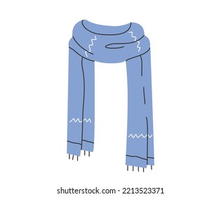 Hand drawn cute illustration of autumn or winter scarf. Flat vector warm cozy clothes in simple colored doodle style. Wool, knitted neckerchief sticker, icon or print. Isolated on white background.