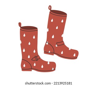 Hand drawn cute illustration of autumn rubber boots. Flat vector warm cozy gumboots in simple colored doodle style. Waterproof shoes sticker, icon or print. Isolated on white background.