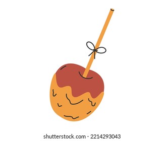 Hand dibujó una linda ilustración de la manzana toffee de caramelo de otoño. Trato dulce vectorial plano con un estilo de doodle de color sencillo. Etiqueta de caramelo de temporada, icono o impresión. Aislado sobre fondo blanco.