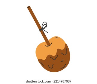 Hand drawn cute illustration of autumn caramel toffee apple. Flat vector sweet treat in simple colored doodle style. Season candy sticker, icon or print. Isolated on white background.