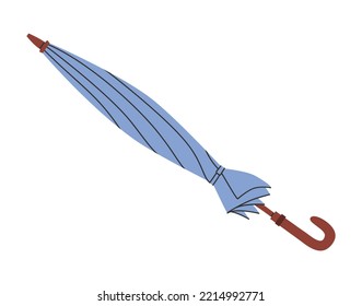 Hand drawn cute illustration of autumn blue umbrella. Flat vector rain protection accessory in simple colored doodle style. Folded parasol sticker, icon or print. Isolated on white background.