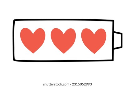 Hand drawn cute illustration of battery with heart inside. Flat vector fully charged accumulator symbol in doodle style. Mental health, self love sticker, icon. Isolated on white background.