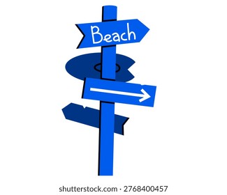 Hand drawn cute illustration of beach sign with arrows. Flat vector direction pointer doodle sticker. Signboard with travel destination. Navigation route guide. Summer vacation. Isolated.