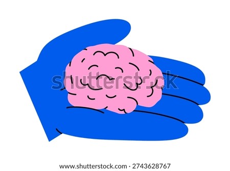 Hand drawn cute illustration of brain on human hand palm. Flat vector mental health or wellness concept doodle. Mentoring or coaching sticker, icon. Growth mindset sign. Isolated.