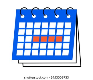 Hand drawn cute illustration of calendar with highlighted dates. Flat vector timetable or schedule page in colored doodle style. Planning or time management icon. Event deadline. Isolated on white.