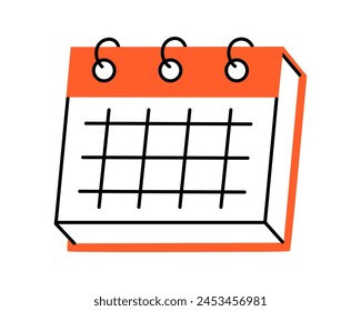 Hand drawn cute illustration of calendar. Flat vector timetable or schedule stationery page in colored doodle style. Planning or time management icon. Event deadline. Isolated on white background.