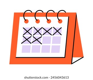 Hand drawn cute illustration of calendar with strikethrough dates. Flat vector timetable or schedule page in colored doodle style. Planning or time management icon. Event deadline. Isolated on white.