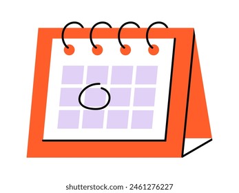 Hand drawn cute illustration of calendar with circled date. Flat vector timetable or schedule page in colored doodle style. Planning or time management icon. Event deadline. Isolated on white.