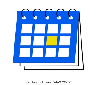 Hand drawn cute illustration of calendar with highlighted date. Flat vector timetable or schedule page in colored doodle style. Planning or time management icon. Event deadline. Isolated on white.