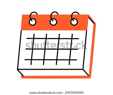 Hand drawn cute illustration of calendar. Flat vector timetable or schedule stationery page in colored doodle style. Planning or time management icon. Event deadline. Isolated on white background.