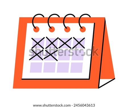 Hand drawn cute illustration of calendar with strikethrough dates. Flat vector timetable or schedule page in colored doodle style. Planning or time management icon. Event deadline. Isolated on white.