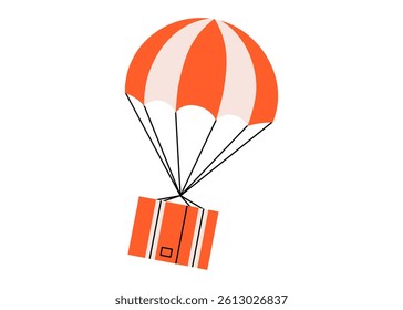 Hand drawn cute illustration of cardboard box with parachute. Flat vector flying package in colored doodle style. Parcel shipping icon. Shopping logistics. Delivery service sticker. Isolated.