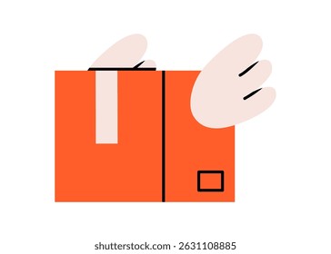 Hand drawn cute illustration of cardboard box with wings. Flat vector flying package in colored doodle style. Parcel shipping icon. Shopping logistics. Delivery service sticker. Isolated.