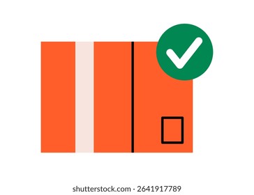 Hand drawn cute illustration of cardboard box with check mark. Flat vector accepted package doodle. Correct parcel shipping icon. Verification tick. Successful delivery sticker. Isolated.