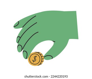 Hand drawn cute illustration of hand with coin. Flat vector giving money to charity in simple colored doodle style. Philanthropy, volunteer, finance sticker, icon or print. Isolated.