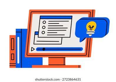 Mão desenhada ilustração fofa de monitor de computador com livros. Vetor plano de educação on-line ou dispositivo de estudo rabiscar. Curso ou classe de treinamento. Ícone do local de trabalho do Office. Trabalho à distância ou freelance. Isolado.