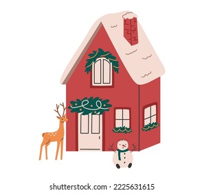 Hand drawn cute illustration of cozy house with spruce wreath and Сhristmas decorations. Flat vector building with adorned facade in colored doodle style. New Year, Xmas print. Isolated on background