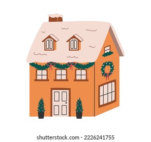 Hand drawn cute illustration of cozy house with spruce wreath and Сhristmas decorations. Flat vector building with adorned facade in colored doodle style. New Year, Xmas print. Isolated on background