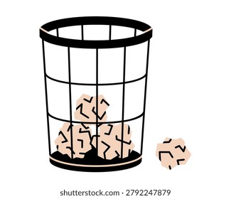 Hand drawn cute illustration of crumpled paper ball in trash basket. Flat vector mesh garbage bin doodle. Office paperwaste can. Bad idea sticker, icon. Creative block concept. Isolated.