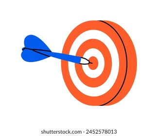 Hand drawn cute illustration of dart hit center of target. Flat vector hit the bull's eye in doodle style. Successful business strategy icon. Goal achievement. Find problem solution. Isolated on white