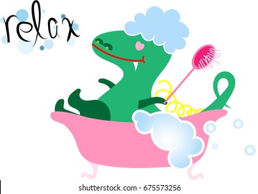 Hand drawn cute illustration of dinosaur taking a bath. EPS10 vector. Perfect design for baby clothes, wallpaper, background, logo, t-shirt, banner, poster, card, fashion design. Space for text.
