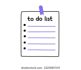 Hand drawn cute illustration of to do list. Flat vector checklist page for productivity in colored doodle style. Education or study sticker, icon. Back to school. Isolated on white background.