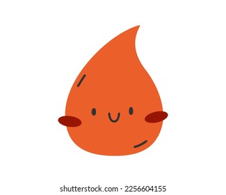 Hand drawn cute illustration of drop of blood. Flat vector smiling character in simple colored doodle style. Donor, transfusion, medicine sticker, icon or print. Isolated on white background.