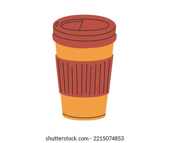 Hand drawn cute illustration of eco-friendly thermo mug. Flat vector reusable hot drink cup in simple colored doodle style. Thermos for tea coffee sticker, icon or print. Isolated on white background.