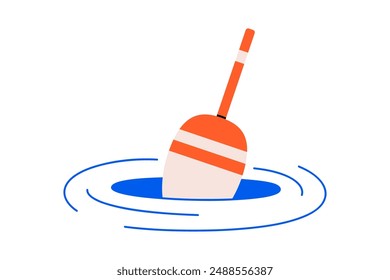 Hand drawn cute illustration of fishing float in water. Flat vector fishery hobby gear in doodle style. Bobber bait for fish icon or print. Allure to trap. Decoy for deception. Isolated.