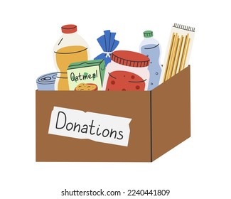 Hand drawn cute illustration of food donation box. Flat vector giving oil, porridge, canned goods to charity in simple colored doodle style. Philanthropy, volunteer sticker, icon or print. Isolated.