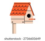 Hand drawn cute illustration of garden birdhouse. Flat vector backyard cozy bird box doodle. Hand made wooden house for nesting sticker. Spring season cleaning concept. Isolated.