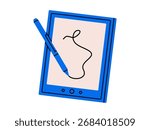 Hand drawn cute illustration of graphics tablet with stylus. Flat vector drawing device doodle. Creative process. Pen and pad for illustrator. Designer or painter sign. Study sticker, icon. Isolated.