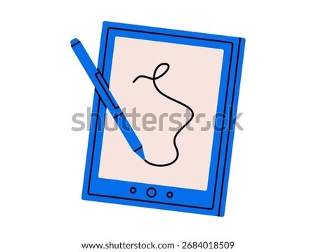 Hand drawn cute illustration of graphics tablet with stylus. Flat vector drawing device doodle. Creative process. Pen and pad for illustrator. Designer or painter sign. Study sticker, icon. Isolated.
