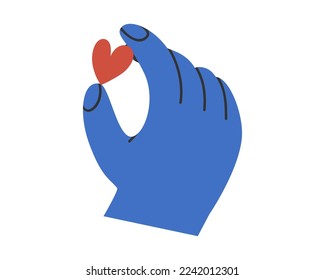 Hand dibujó una linda ilustración de la mano con el corazón. Vector plano que da amor y ayuda a la caridad en el estilo de doodle de color simple. Filantropía, voluntario, pegatina de San Valentín, ícono o huella. Aislado.